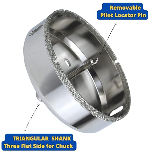 Drilax 4" Diamond Hole Saw | 1.5" Cutting Depth | Removable Pilot Pin & Triangular 3/8" Shank | Drilling for Ceramic, Porcelain, Tile, Quartz, Granite, Marble | Large Vent, Duct & Recessed Light Holes