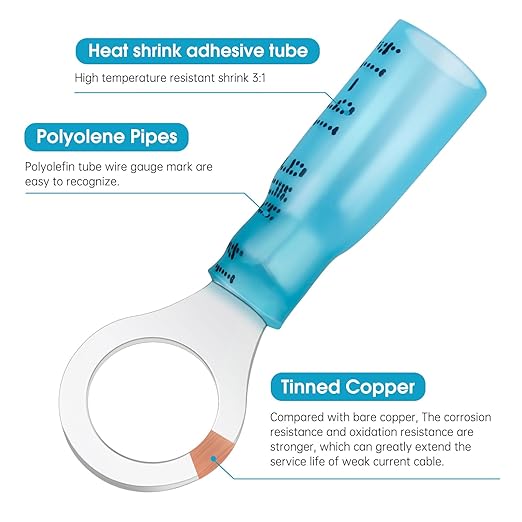 200 Pack Heat Shrink Ring Terminals - 5/16" - Blue 16-14 AWG Marine Grade Heat Shrink Wire Connectors - Tinned Red Copper Eyelet Wire Connectors