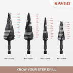 KAYGO M35 Step Drill Bit for Metal,1/4 to 3/4 inch Step Drill Bits for Stainless Steel Aluminum Wood Plastic,1/4 inch Hex Shank,Spriral Drouble-Fluted