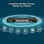 2.5G PoE Switch 24 Ports Unmanaged, 24×2.5G Base-T PoE Switch+2X 10G SFP, 26 Ports Switch 160 Gbps Switching Capacity, 400W, IEEE802.3af/at Switch for 2.5Gbps NAS, 4K Cameras, Fanless