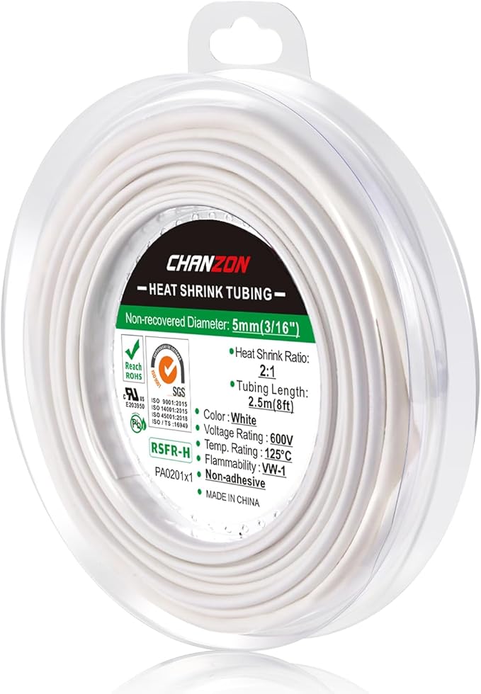 Chanzon 2:1 Ratio 3/16" (5mm) Heat Shrink Tubing 8Ft Roll (2.5M Total Length) White Polyolefin Sleeving Wrap Shrinking 2 to 1 1pcs