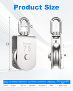 Rocaris 2 Pack M75 Lifting Single Pulley Roller Loading 1700Ibs, 304 Stainless Steel Heavy Duty Single Wheel Swivel Lifting Rope Pulley Block