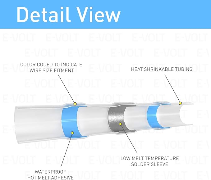 E-VOLT 200 PCS Solder Seal Wire Connectors Low Temp Soldering Heat Shrink Butt Connector Terminals - Electrical Waterproof Insulated Marine Automotive Trailer White, Red, Blue, Yellow