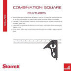 Starrett Steel Combination Square with Square Head - 12" Blade Length, Forged and Hardened Steel Heads, Reversible Lock Bolt, Scriber, 16R Graduation Type - C33H-12-16R