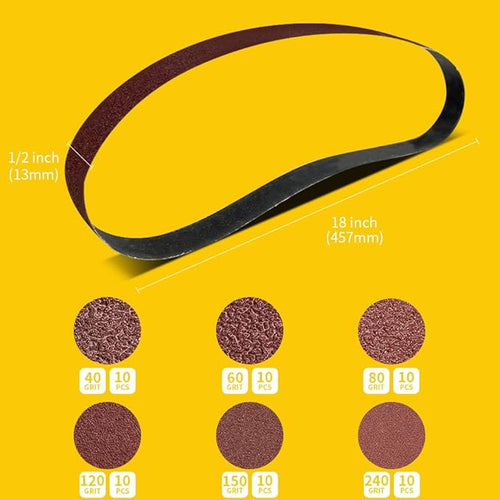 1/2x18 1/2 x 18 Inch Sanding Belt Pack 1/2-Inch x 18-Inch,60 Pcs(10 Each of 40 60 80 120 150 240 Grits) Aluminum Oxide for Sander