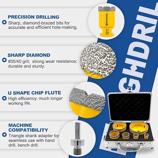 HIGHDRIL Diamond Drill Bits Kit with 5/8-11 for Porcelain Tile Ceramic Marble Brick Concrete Vacuum Brazed Hole Saw(20/25/35/50/75/100mm)