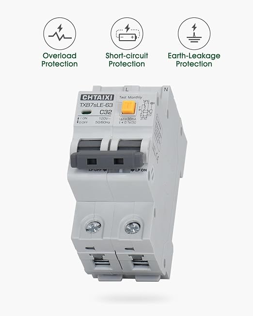 Ground Fault Circuit Breaker, 20 Amp 120V AC DIN Rail Mount Residual Current Circuit Breaker, Thermal-Magnetic Trip, Earth-Leakage Protection 30mA 1PN RCBO C20