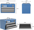 Metal Tool Box,3 Drawer Tool Box with Top Storage Tray, Portable Tool Chest with Locking System and Drawer Liner, Hand Carrying Tool Chest for Garage,Home or Workbench