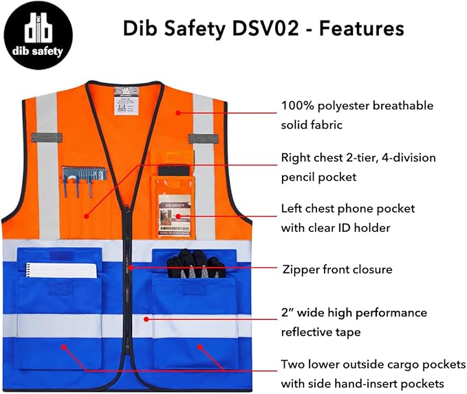 Dib Safety Reflective Vest High Visibility with Pockets and Zipper, Orange and Blue 4XL