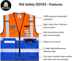 Dib Safety Reflective Vest High Visibility with Pockets and Zipper, Orange and Blue 2XL