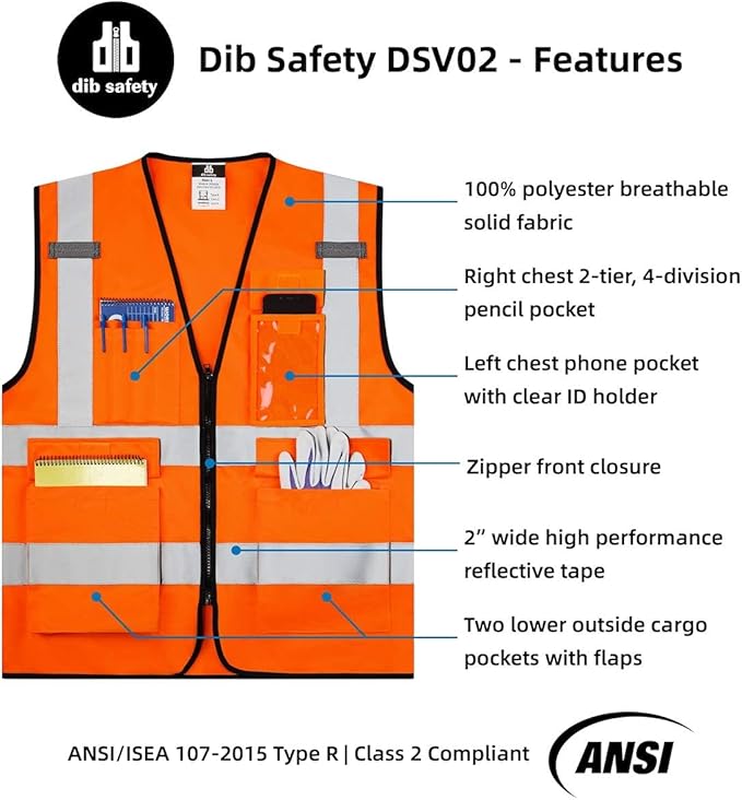 Dib Safety Vest Reflective ANSI Class 2, High Visibility Vest with Pockets and Zipper, Construction Work Vest Hi Vis Orange S