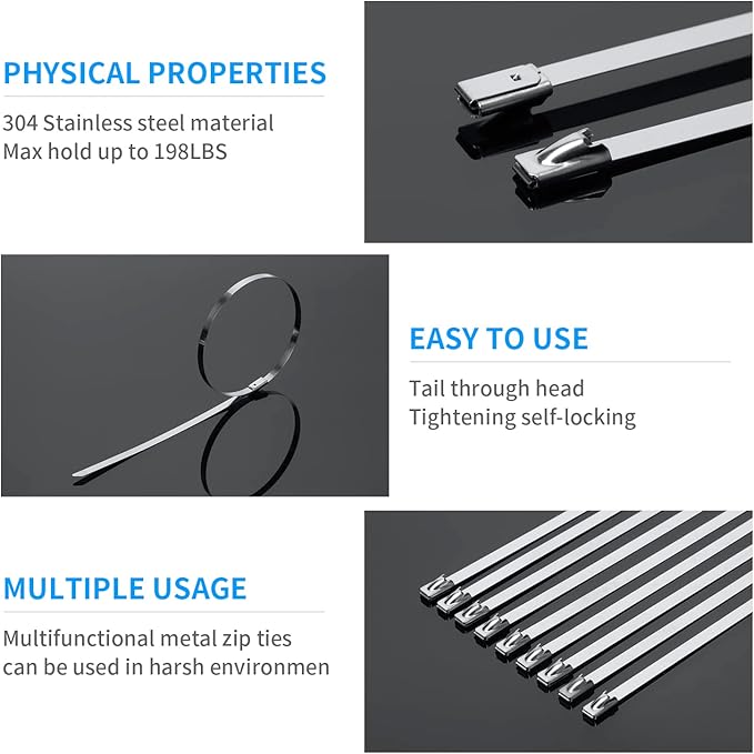 XINGO 18 inch Metal Long Zip Ties Heavy Duty 100 Pack, 304 Stainless Steel Zip Ties, 300lbs Tensile Strength, Multi-Purpose Self-Locking Cable Ties for Exhaust Wrap, Outdoor and Canopy Etc