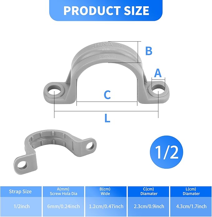 100 Pcs PVC Pipe Straps 1/2 Inch, Plastic Conduit Clamp Pipe, 2 Holes Heavy Duty U Clamps for 1/2 inch PVC Pipe Conduit Cables Hose