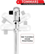 TOMMARS Flex-Head Stubby Ratchet Set, 1/4", 3/8", 1/2" Drive Flexible Mini Small Ratchet Handle Wrench 72-Tooth Quick-Release Reversible