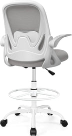 Drafting Chair Tall Office Chair with Flip-up Armrests, Adjustable Height, and Enhanced Lumbar Support - Ergonomic Rolling Stool, Back Support, and Adjustable Foot Rest Ring for Standing Desk Gray