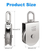 Rocaris M100 Lifting Single Pulley Roller Loading 3300Ibs, 304 Stainless Steel Heavy Duty Single Wheel Swivel Lifting Rope Pulley Block