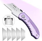 Vickay Folding Utility Knife, Box Cutter with 5 SK5 Quick Change Blades, Safety Axis Lock Design Razor Knife, Lightweight Aluminum Handle Belt Clip for Office Home Artcraft （Light Purple)