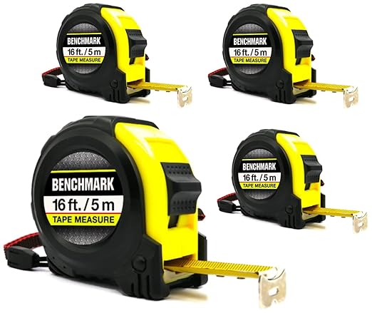 Benchmark - 4 Pack of 16ft Tape Measures - Retractable, Auto Lock, Metric and Imperial (feet and Centimeters), Tough Outer Shell Protection