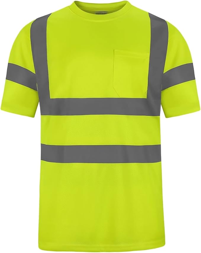 High Visibility Class 3 T Shirts，Hi Vis Safety Shirts with Reflective Strips and Pocket, Short Sleeve Quick Dry Mesh Construction Work Shirt for Men/Women Lime,XL