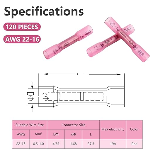 120 Pcs Heat Shrink Butt Connectors, AWG 22-16 Waterproof Insulated Electrical Wire Connectors, Crimp & Shrink Butt Splice Connectors Terminal for Automotive Marine Truck Trailer Stereo (Red)