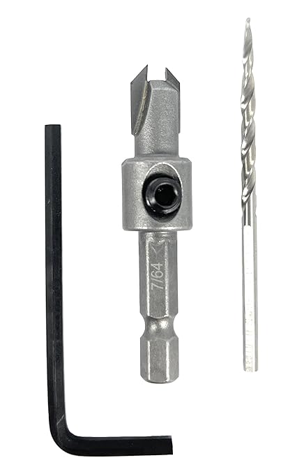 FTG USA #4 (7/64") Tungsten Carbide Tipped Countersink Drill Bit with Tapered Drill Bit, 1/4 Inch Quick Change Hex Shank and Allen Wrench