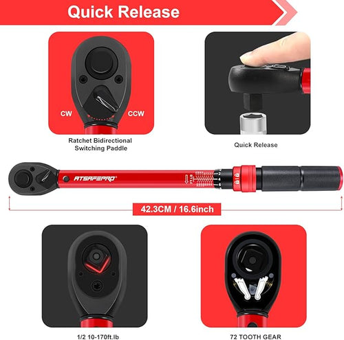 1/2-Inch Drive Click Torque Wrench,10-170FT.LB/13.6-230.5N/M & Dual-Direction, 72-Tooth Dual Range Scales Torque Wrench 1/2 Drive,Easy Use for Motorcycle,Car,etc