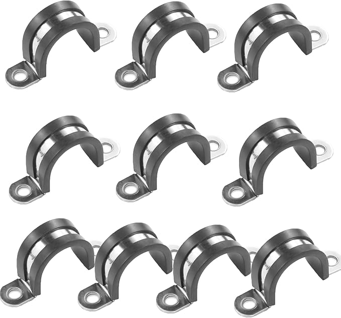 10pcs 55mm 2 Hole U-Tube Strap Clamp, 304 Stainless Steel with EPDM Rubber Lined Clip, Double-Layer Gaskets Rubber Cushioned Insulated Clamp for Tube, Pipe or Wire Cord Installation