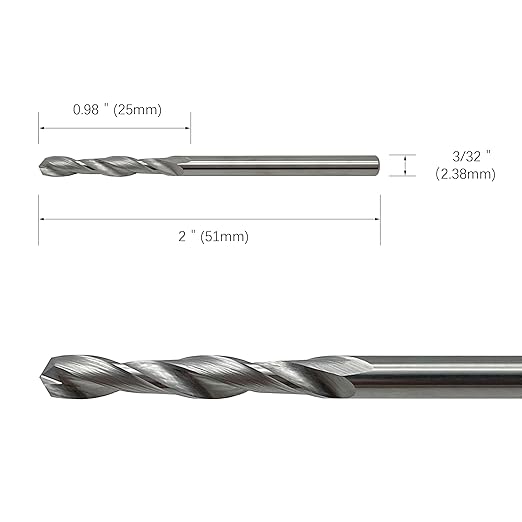 LU&MN 5-Piece 3/32" Solid Tungsten Carbide Jobber Drill Bits with Straight Shank and 118 Point Angle