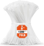 Zip Ties, RAZCC 1200pcs White Cable Zip Ties 8 Inch, Heavy Duty Plastic Wire Ties with 70lb Tensile Strength, Self-Locking White Nylon Tie Wraps for Indoor and Outdoor