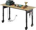Adjustable Heavy Duty Wood Top Tool Bench Work Bench, 60'' Workbench with Power Outlet, 2000 Lbs Load Capacity Rolling Work Table with Wheels for Home Office Workshop Garage