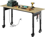 Adjustable Heavy Duty Wood Top Tool Bench Work Bench, 60'' Workbench with Power Outlet, 2000 Lbs Load Capacity Rolling Work Table with Wheels for Home Office Workshop Garage