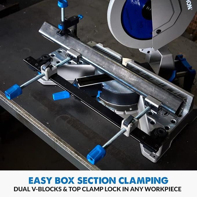 Evolution S355MCS 14" Mitering Chop Saw | Heavy Duty Metal Cutting Saw | 15A/1450 RPM | TCT Blade | Sliding Head & Locking Pin | Cast Iron Clamps | Mitering Base | Knurled Fence | Quick Clamp