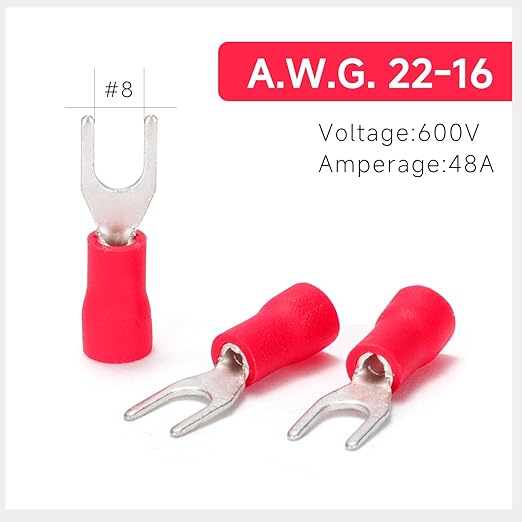 150PCS Fork Wire Connectors Insulated - Red 22-16 AWG M4 Stud Size #8 - U-Type Tinned Copper Spade Electrical Crimp PVC Terminals