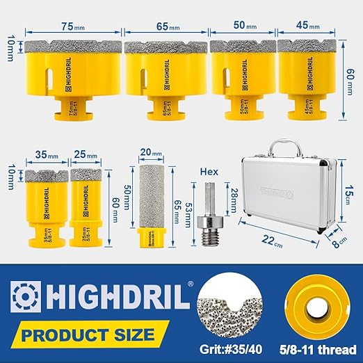 HIGHDRIL Diamond Drill Bits Kit with 5/8-11 for Porcelain Tile Ceramic Marble Brick Concrete Vacuum Brazed Hole Saw(25/35/45/50/65/75mm+20mm Finger Bits)