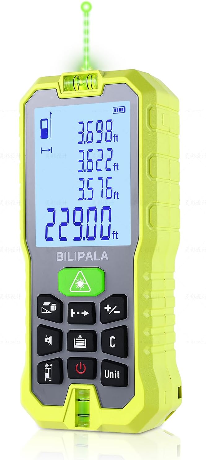 Laser Measure, 70M/229ft Digital Laser Distance Meter, ±2mm Accuracy Laser Measuring Tool, Tape Measure with Backlit LCD, Measuring Distance,Area,Volume,Pythagorean IP54 Shockproof(Green)