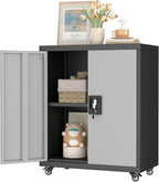 GREATMEET Metal Storage Cabinet with Locking Doors,Steel Storage Cabinet with Wheels Suit for Home Office with 1 Adjustable Shelf for Files, Black&Grey