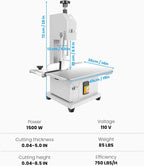 1500W Commercial Bandsaw Machine, 19x14" Stainless Steel Worktable, Cuts 0.04-5.0" Thickness Electric Bone Saw Machine, Frozen Meat Cutter with 8 Blades Included, for Rib Pork Beef