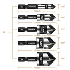 5 Pcs Countersink Drill Bit Set, Industrial Grade M2 High-Speed Steel, 82 Degree, 5 Flute with 1/4” Quick Change Hex Shank, 1/4" to 3/4" Size for Metal, Wood & Plastic - Includes Durable Case