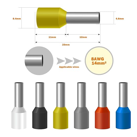 Fidioto 8AWG Wire Ferrules, 250pcs AWG8 Yellow Terminal Connector Wire Insulated Cord Pin Ends Terminals for Electric, Industrial, Chemical Industry, Power Control System, etc.