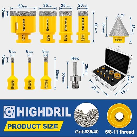HIGHDRIL Diamond Drill Bits Kit with 5/8-11 for Porcelain Tile Ceramic Marble Brick Concrete Vacuum Brazed Hole Saw(6/6/8/20/25/35/50mm+35mm Chamfer Bit+Adapter)