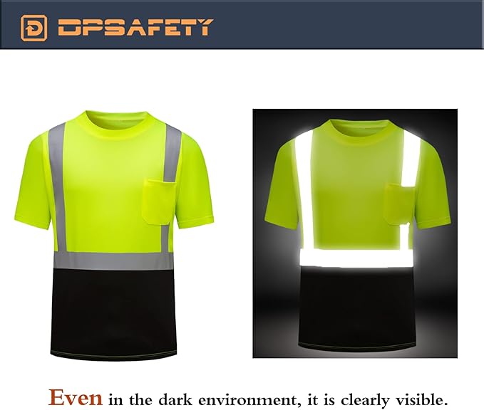 High Visibility Shirts Quick Dry Safety T Shirts with Reflective Strips and Pocket Short Sleeve Mesh Hi Vis Construction Work Class 2 Shirt for Men/Women Black Bottom Lime,3XL