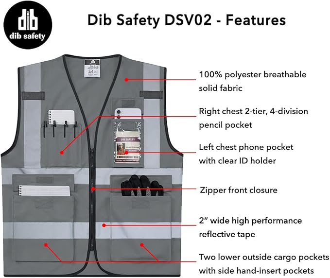 Dib Safety Reflective Vest High Visibility with Pockets and Zipper, Gray 2XL