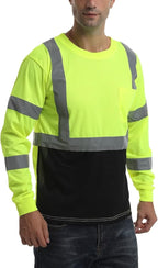 High Visibility Class 3 T Shirts，Hi Vis Safety Shirts with Reflective Strips and Pocket, Long Sleeve Quick Dry Mesh Construction Work Shirt for Men/Women Black Bottom Lime,4XL