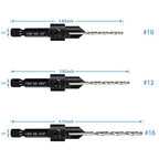3-pc Countersink Drill Bit Set #10#12#16, 3in1 Woodworking Counterbore Hole Saw Drill Bits, Depth Adjustable M2 Pilot Drill Bits, 82-Degree Chamfer, 1/4” Hex Shank, with 1 Allen Wrench