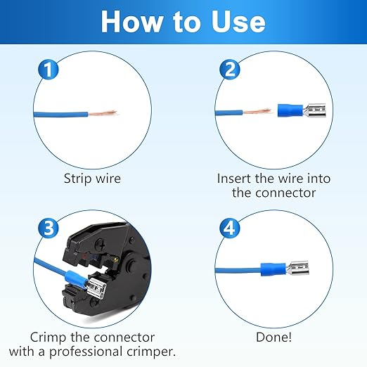 200 Pcs Female Quick disconnects Vinyl Insulated Spade Wire Connectors, Blue Electrical Crimp Terminal 16-14 AWG (6.3mm)