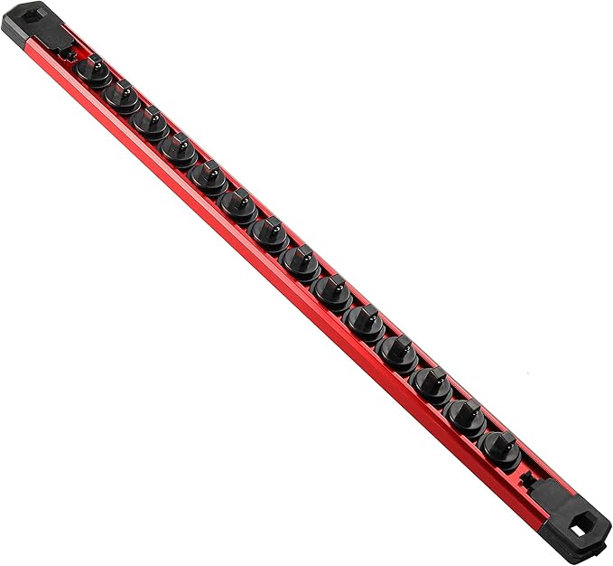 Magnetic Socket Organizer, 1-Piece Heavty Duty Aluminum Socket Holder, Socket Rail for Tool Box, Premium Quality 360° Swivel Socket Rack with 14 Clips for 1/4-Inch(Red)