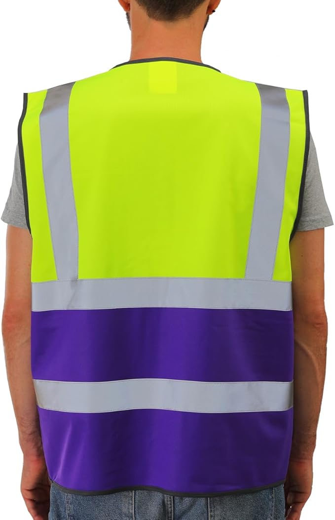 Dib Safety Reflective Vest High Visibility with Pockets and Zipper, Yellow and Purple 3XL