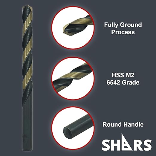 Shars 1/16-1/4" by 64ths 13 Pcs HSS Heavy Duty Black & Gold Finish Jobber Drill Set 135° Point Angle 404-2930 P)