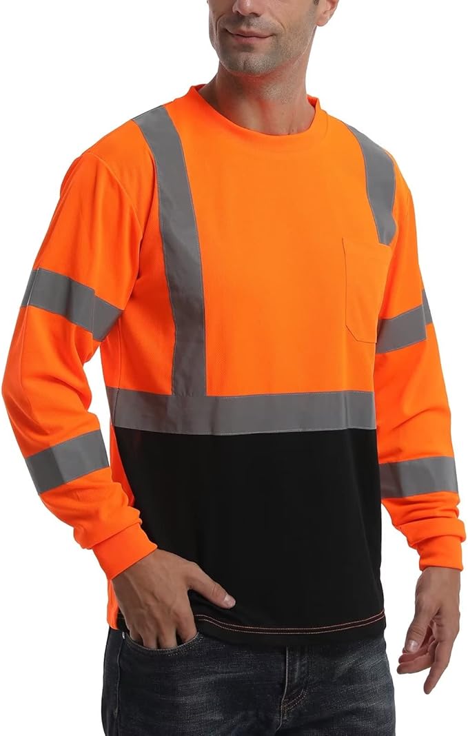 High Visibility Class 3 T Shirts，Hi Vis Safety Shirts with Reflective Strips and Pocket, Long Sleeve Quick Dry Mesh Construction Work Shirt for Men/Women Black Bottom Orange,XL
