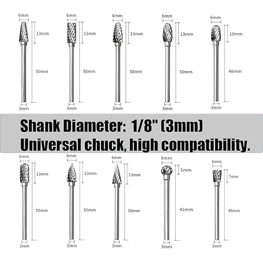 Tungsten Carbide Rotary Burr Set for Dremel, 10PCS Carbide Double Cut Carving Burr Bits with 1/8” Shank Rotary Tool Accessories for Woodworking, Engraving, Drilling, Steel Metal Working